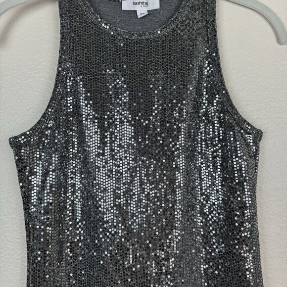Hashttag In Trend High Neck Sequin Disco Party Tank Top Silver XS - Picture 5 of 12